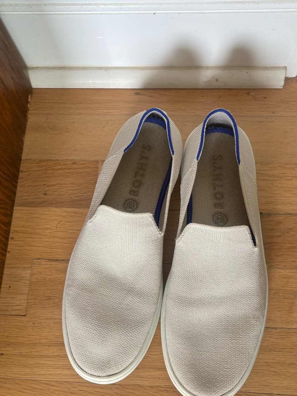 Rothy's Slip-On Loafers in Tan with Blue Trim